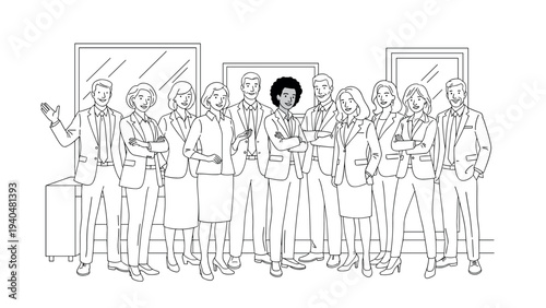 Diverse business team in office setting: linear line art style spotlight