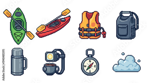 Pixel art adventure gear: kayak, compass, backpack, and more outdoor essentials