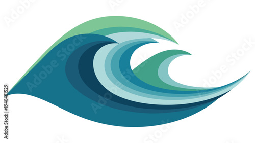 Graphic illustration of a stylized blue and green ocean wave on a white background with smooth curved lines.