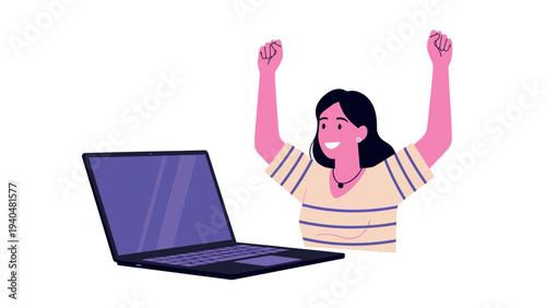 Excited woman celebrating success at laptop with hands raised in joy