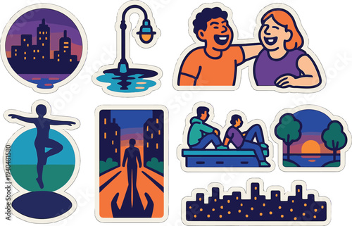 Urban sticker collection: vibrant illustrations of city life, friends, and sunset scenes