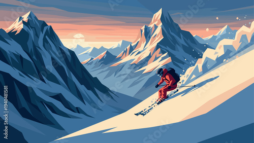 Dynamic alpine adventure: skier descends snowy mountain at sunset in minimalist art