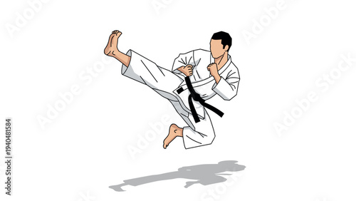 Martial artist in mid-air kick with karate gi and black belt silhouette