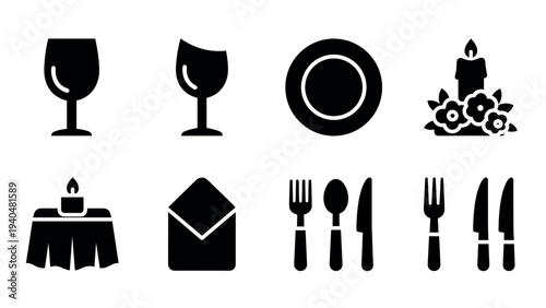 Elegant dining icons set: glassware, tableware, cutlery, and decor silhouettes
