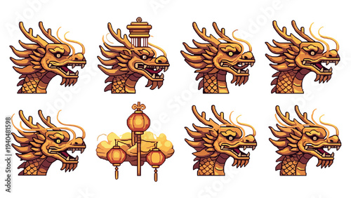 Pixel art dragon heads and lanterns set with traditional chinese design elements