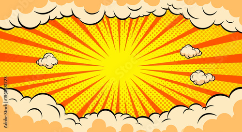 Vibrant cartoon sun bursting through clouds with rays and fluffy white clouds surrounding it, aerial view