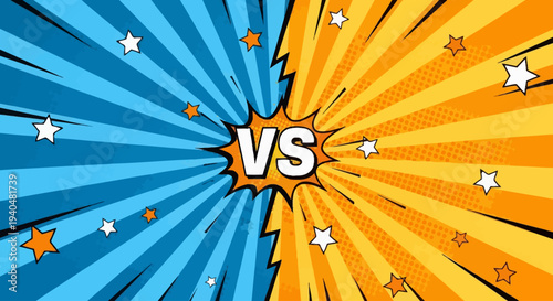 A vibrant cartoon-style illustration of a versus scene with contrasting blue and orange rays, stars, and a central 'VS' emblem, symbolizing competition and rivalry.