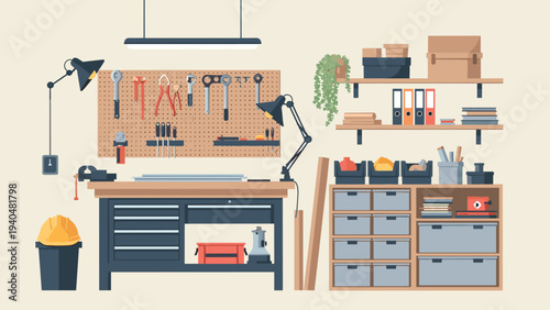Modern workshop interior with tools and storage in flat design style