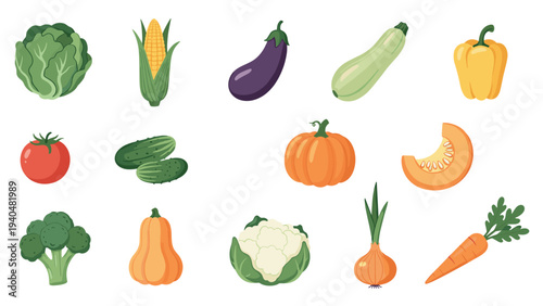 Variety of fresh vegetables collection in flat design with colorful produce elements