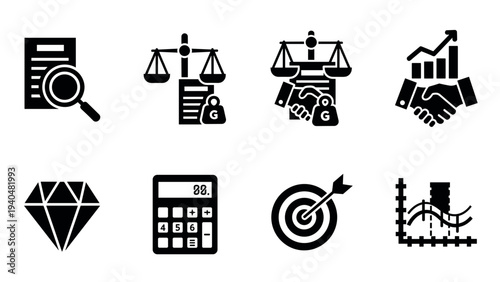 Black and white icon set: business, finance, and analytics symbols