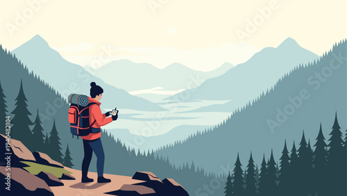 Adventure awaits: woman hiking in scenic mountain landscape with forest background