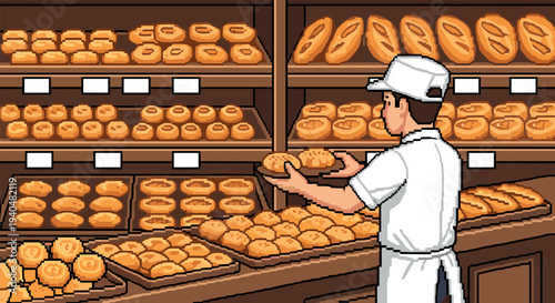 Busy bakery with baker organizing fresh bread on wooden shelves