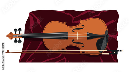 Elegant violin and bow on rich velvet background