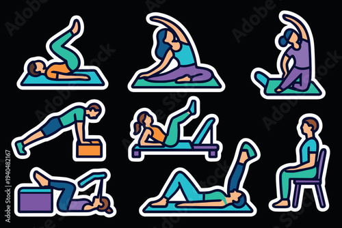 Vibrant fitness sticker set featuring diverse yoga and exercise poses on dark background
