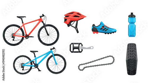 Cycling gear and equipment set including bicycles, helmet, and accessories