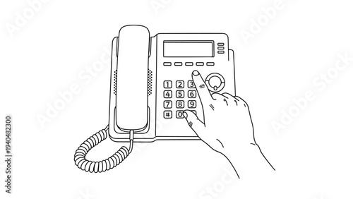 Minimalist line drawing of a hand dialing a landline telephone