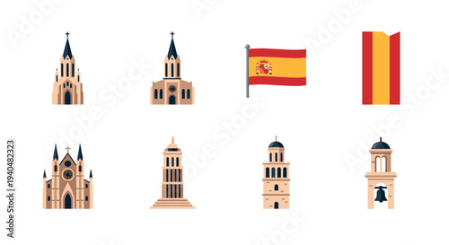 Spanish landmarks and flag icons collection: flat design of historic and cultural symbols
