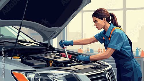 Female mechanic working on car engine in modern garage setting