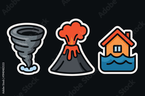 Natural disaster icons: tornado, volcano, flood in modern flat design