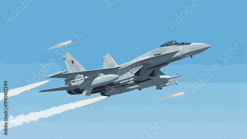 Modern fighter jet in flight with contrails against blue sky