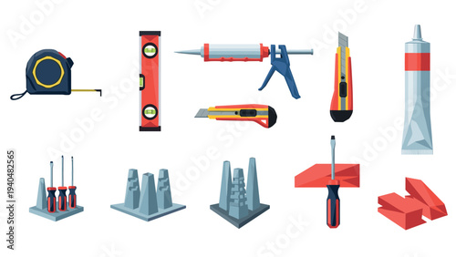 Construction tools set featuring tape measure, level, caulking gun, knife, and screws in flat design