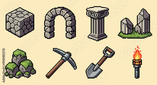 Retro pixel art: ancient ruins and tools set