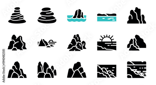 Minimalist rock formations and ocean landscape icons for nature design projects