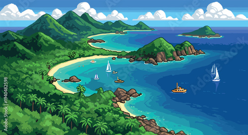 Pixel art tropical coastline with sailboats and lush green hills