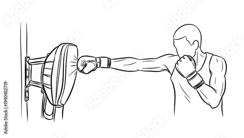 Boxer training with punching bag: linear art of intense workout moment