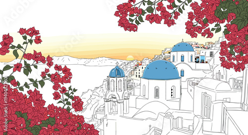 Charming coastal village with blue domes and red blossom at sunset