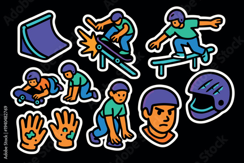 Colorful skateboarding stickers set with skaters and gear on black background