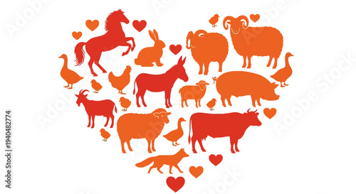 Heart-shaped collage of various animals and hearts symbolizing love and compassion for animals