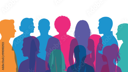 Colorful silhouette of diverse people in vibrant overlay design