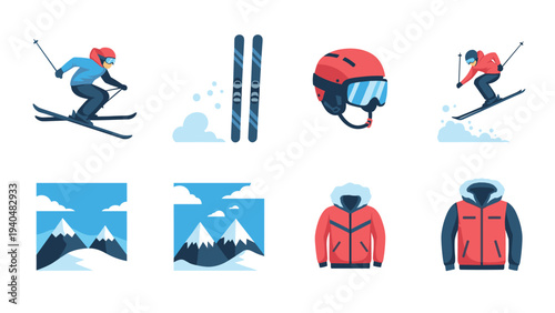 Winter sports gear and activities set featuring skiers and mountain landscapes