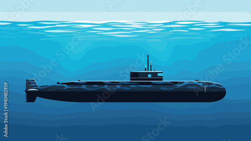Navy submarine underwater scene in a minimalist style