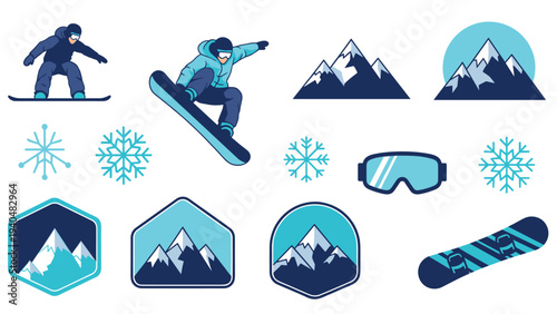Winter sports icon set with snowboarding and mountain elements