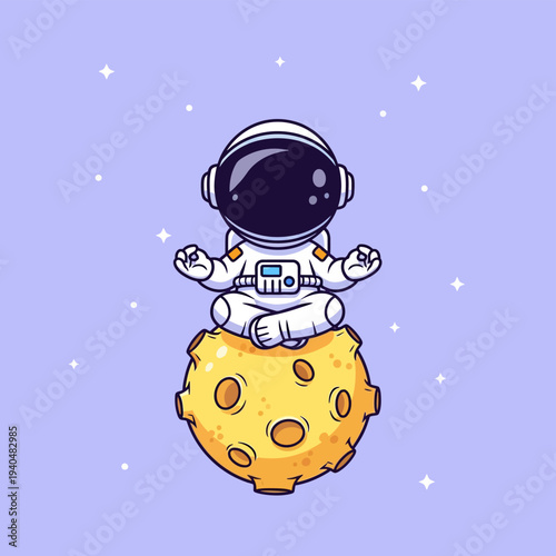 Cute cartoon astronaut in white spacesuit meditating in lotus position on a yellow cratered moon, set against a serene light purple background with stars.