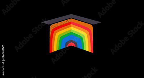 Abstract rainbow archway leading to a graduation cap on a black background