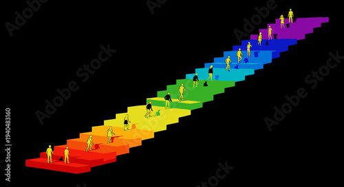 People walking up a rainbow staircase against a black background, symbolizing progress and diversity