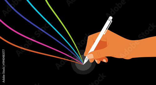 Hand holding a pen drawing colorful lines on a black background, symbolizing creativity and imagination
