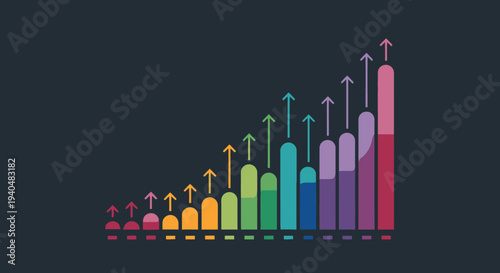 Colorful bar chart with ascending arrows symbolizing business growth, financial success, data analysis, and continuous progress on a dark background.