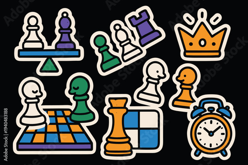 Chess-themed stickers on dark background: captivating colorful icons of pieces, board, and clock