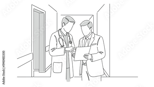 Linear drawing of two professionals discussing medical report in hospital corridor