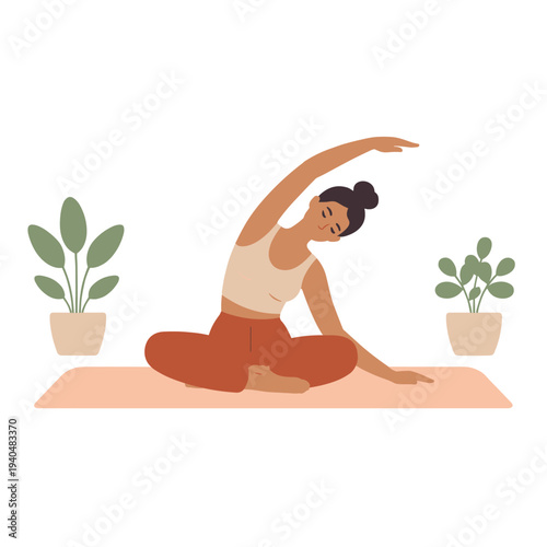 Yoga pose with woman stretching beside potted plants