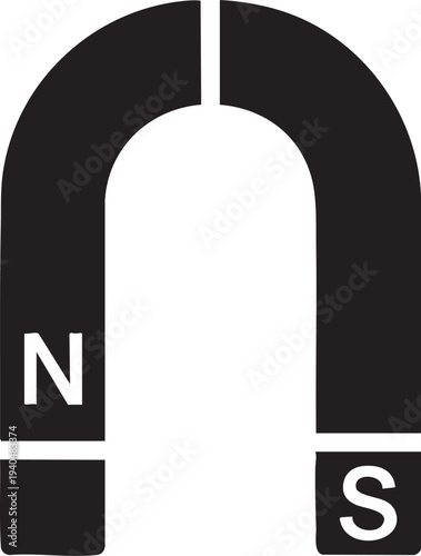 Black horseshoe magnet icon with North and South poles on a transparent background