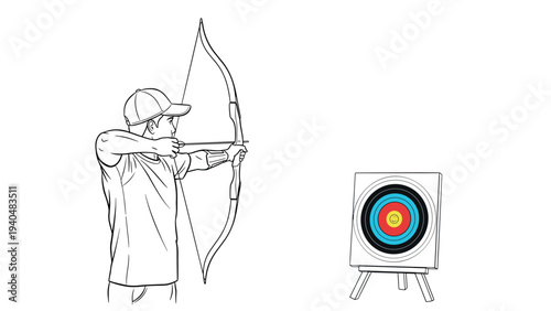 Young archer aiming at target with bow and arrow in linear artwork