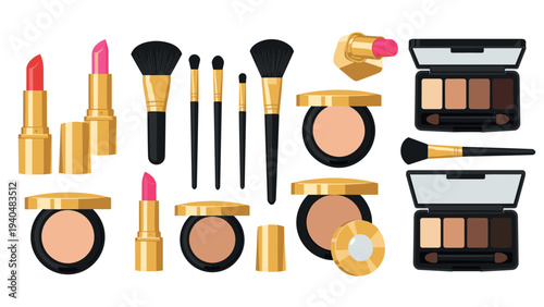 Essential makeup collection on white background featuring lipsticks, brushes, and eyeshadow palettes