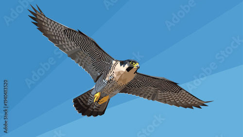 Geometric peregrine falcon in flight against clear blue sky