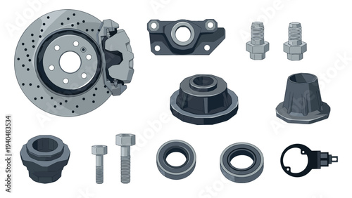 Collection of various car parts in isometric gray design with brake disc and nuts
