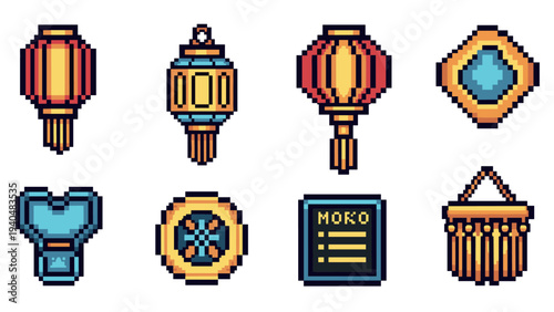 Pixel art lanterns and decor elements collection in vibrant colors